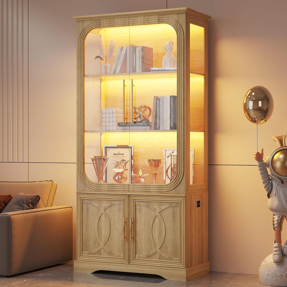 69 Oak 5-Tier LED-Lit Glass Di - Glass Cabinet Display ulasan dan harga